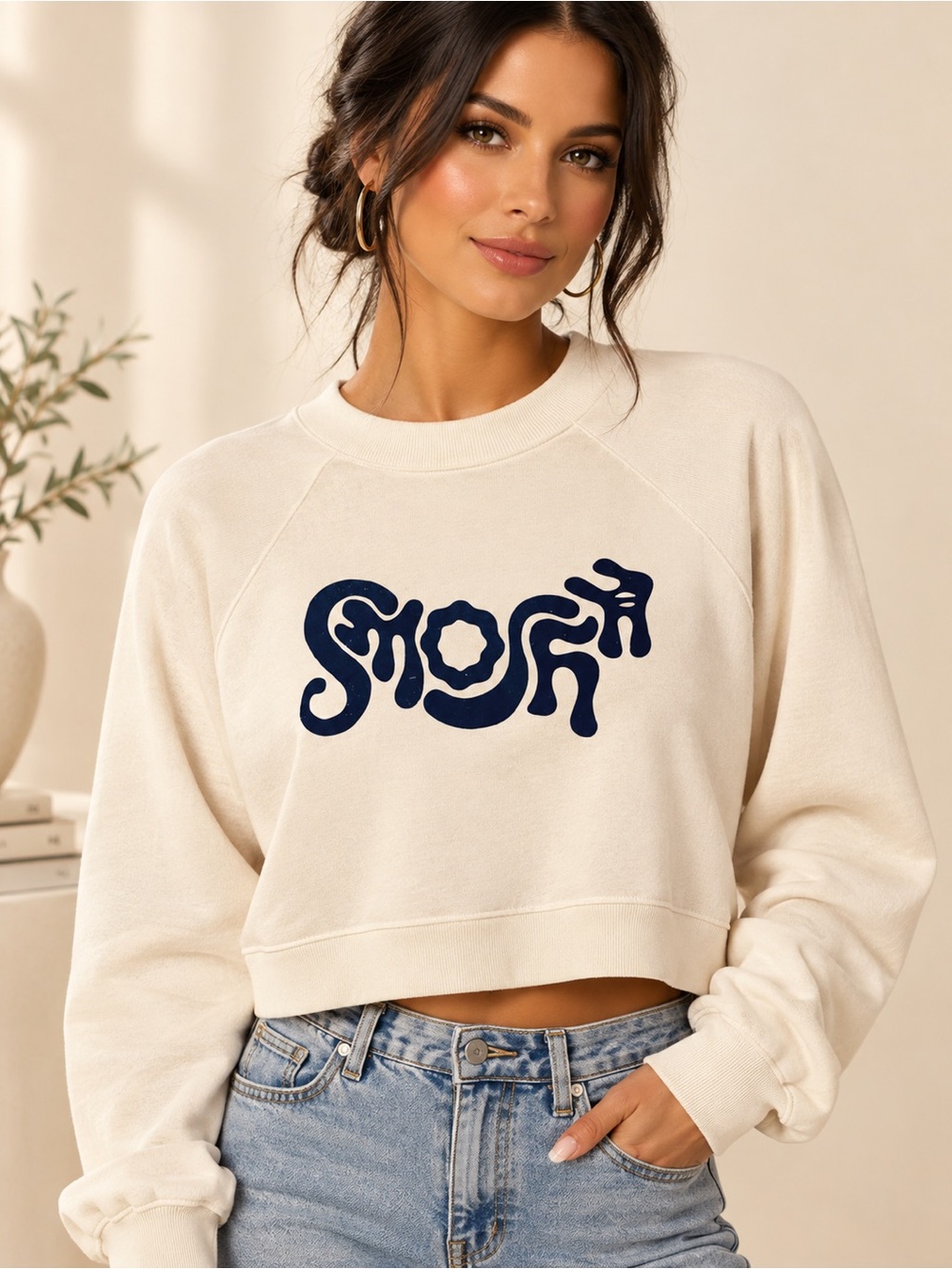 SMOSH | Cream Cropped Graphic Sweatshirt with Navy Design